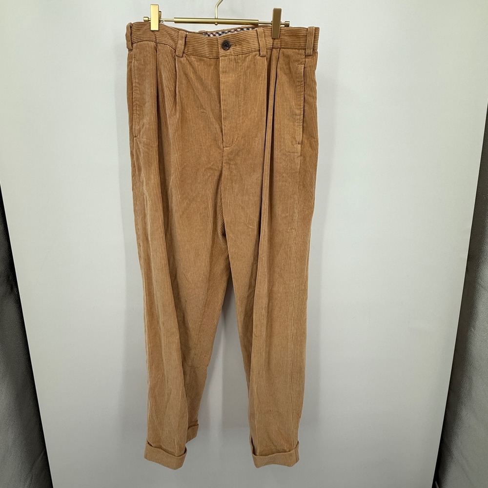 Brooks Brothers Elliot Mens Corduroy‎ Pants W35 L30 Tan Pleated Cuffed Trousers